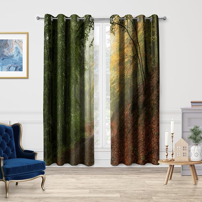 Jekeno Mountain Forest Blackout Curtains - Green Jungle Nature Landscape Foggy Scenery Print Tree Window Curtain Decor for Bedroom Living Room Grommet Window Drapes 2 Panel Set,52"x63"