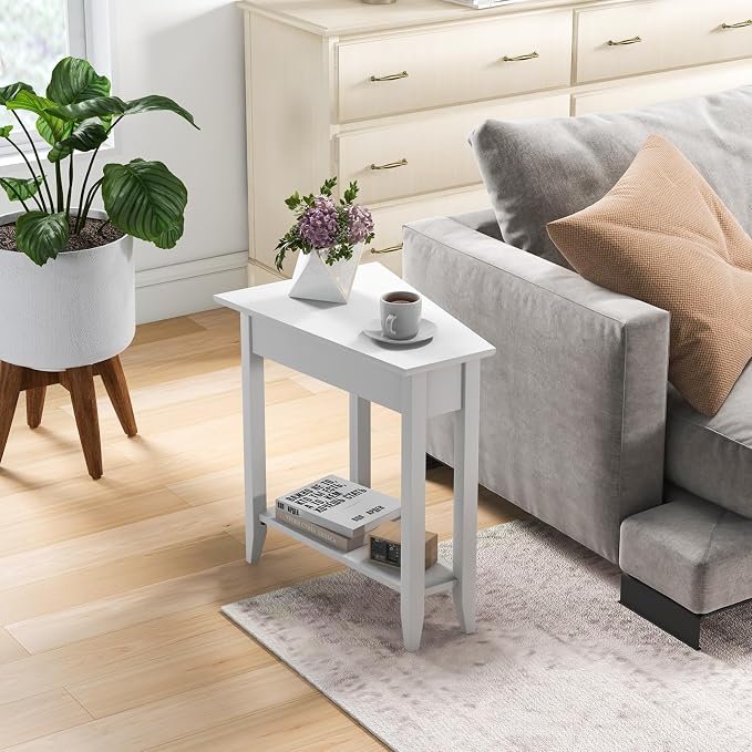 Giantex White Wedge End Table Set of 2, Triangle Side Table with Storage Shelf and Solid Wood Legs, Recliner Table, 24.5" Tall Nightstand, Modern Narrow Accent Table for Small Space Living Room