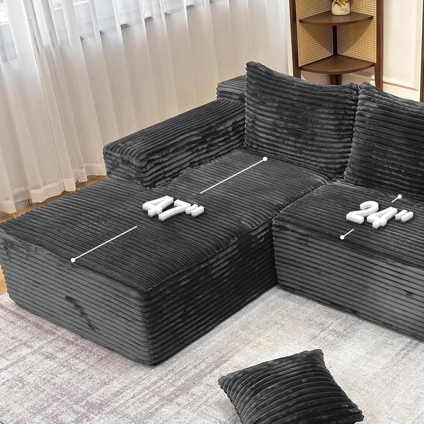 104" Modern Modular L-Shape Sofa Couch with Chaise Grey Faux Rabbit Fur Cloud Sectional Couch with Deep Seat Modular Sectional Sofa No Assembly Required Upholstered Couches for Living Room Bedroom