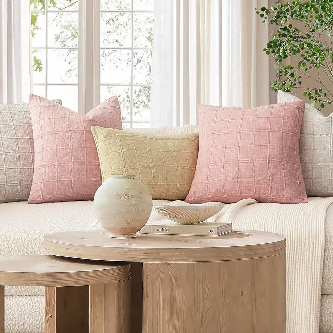 Foindtower Set of 2 Decorative Linen Check Throw Pillow Covers Neutral Farmhouse Vintage Cushion Covers Modern Boho Accent Home Decor for Sofa Chair Couch Bedroom Living Room,16×16 Inch,Light Pink