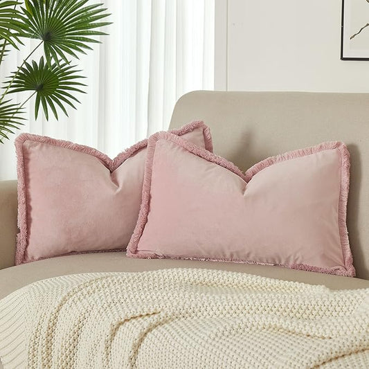 JUSPURBET Pack of 2 Pink Decorative Fringe Velvet Throw Pillow Covers 16x24 for Home Decor Living Room Bedroom Car Boho Soft Cushion Cover with Hidden Zipper Machine Washable