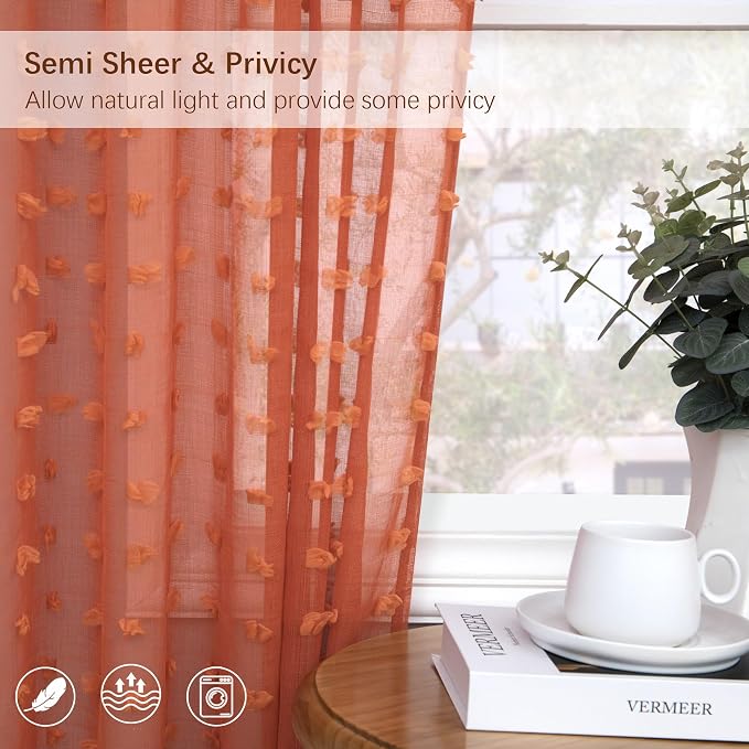 Burnt Orange Sheer Curtains 84 Inches Long Terracotta Curtains for Living Dining Room Bedroom 2 Panels Back Tab Boho Farmhouse Style Pom Pom Tufted Window Drapes Semi Sheer Fall Decor Curtain 52x84