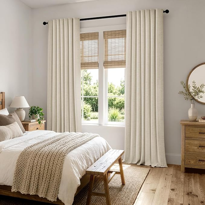 MIULEE 100% Blackout Linen Curtains for Bedroom, Light Ivory Solid Luxury Decor Thermal Insulation Room Darkening Drapes for Living Room Back Tab Rod Pocket 42 x 84 Inches, 2 Panels