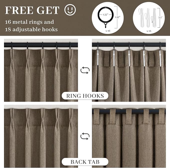 Pinch Pleated Farmhouse Burlap Curtains 90 Inch Long 2 Panels Set for Bedroom Natural Linen Blend Country Drapes with Back Tab,Semi Sheer Light Filtering for Dining Room Windows (40x90 Inches)