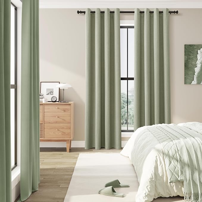 Jowels Sage Green Linen Blackout Curtains 96 Length 2 Panels Set for Living Room Bedroom, 100% Black Out Thermal Insulated Linen Drapes, Room Darkening Grommet Curtains 96 Inches Long