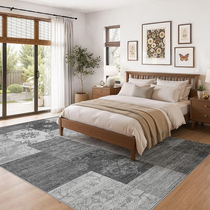 UERMEI 9x12 Area Rug for Living Room - Washable Vintage Carpet, Non-Slip Soft Large Indoor Floor Rugs for Bedroom Home Office & Under Dining Table Decor, Gray Block