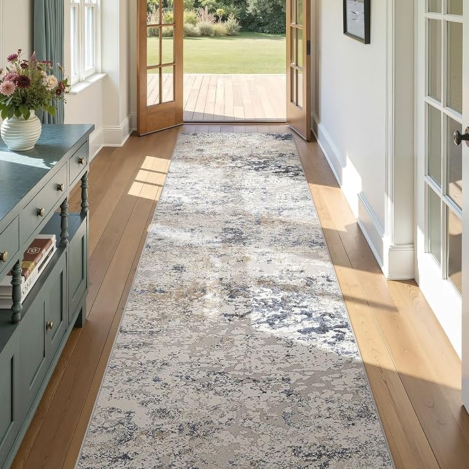 DMOYEST 3x10 Washable Runner Rug for Hallway: Soft Neutral Modern Abstract Low Pile Rug Indoor - Carpet for Bedroom Dining Room Kitchen Entryway - Beige Blue