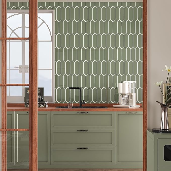 VaryStyle Sage Green Backsplash Tile Peel and Stick Kitchen Backsplash Long Hexagon Wall Tiles Self Adhesive Sticky Waterproof Vinyl Mosaic Back Splashes Stickers for Shower Walls Stove 12"x12" 18PCS