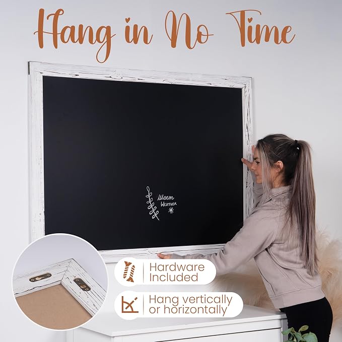 Loddie Doddie Magnetic Chalkboard - 46 x 34.5 in, White Rustic Frame, Mounting Hardware - Erasable Chalkboard Calendar - Magnetic Bulletin Board Message Center - Menu Board for Kitchen