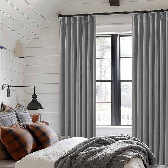 Dark Grey Blackout Curtains 80 Inches Long for Bedroom Pleated Linen Room Darkening Thermal Insulated Black Out Long Charcoal Gray Curtain Drapes for Living Room Window 80 Inch Length 2 Panels Set