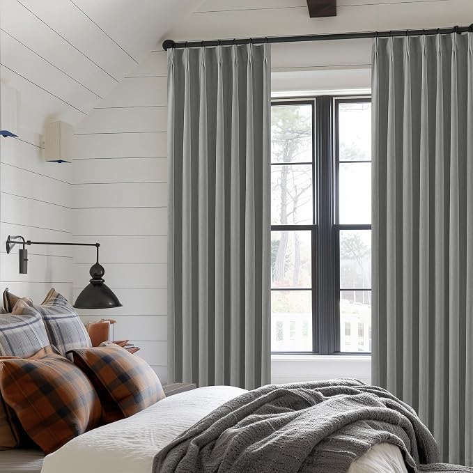 Grey Pleated Linen 100% Blackout Curtains for Bedroom Pinch Pleat Room Darkening Thermal Insulated Black Out Charcoal Ash Gray Curtain Drapes for Living Room Window 84 Inch Length 2 Panels Set