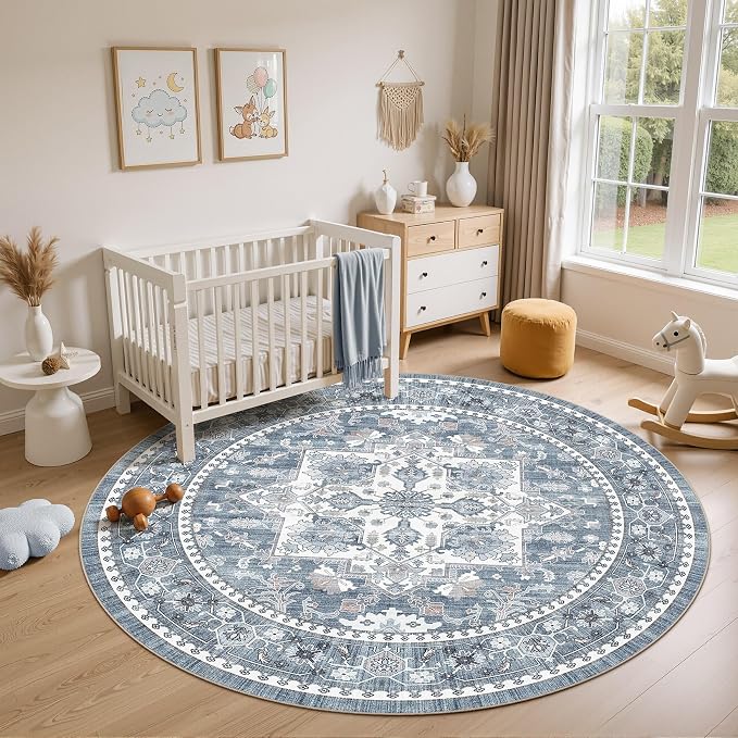6ft Round Area Rug: Washable Vintage Neutral Soft Non Slip Thin Large Floor Carpet for Living Room Bedroom Kitchen Dining Room Home Office Farmhouse Indoor - Blue