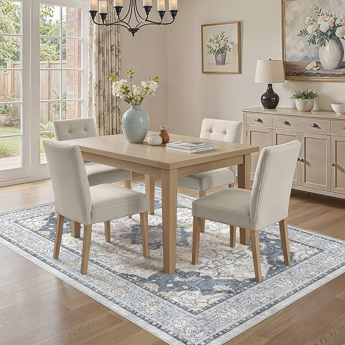 cotiled 5x7 Area Rug Machine Washable Vintage Carpet for Living Room Bedroom Soft Non-Slip Backing Floor Mat Kid & Pet Friendly Stain Resistant Light Blue