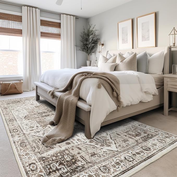 Roxstand 5x7 Area Rugs, Stain Resistant Machine Washable Area Rugs with Non-Slip Backing, Vintage Rugs for Bedroom, Living Room, Large Soft Low Pile Area Rug (White/Brown, 5'x7')