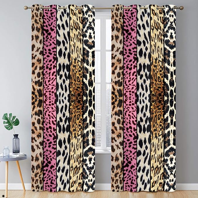 Wild Animal Print Curtain, Room Darkening Thermal Insulated Blackout Leopard Boa Window Drapes with Grommets for Living, Dining, Bedroom, Pink Leopard Print, 52"x 84", 2 Panels