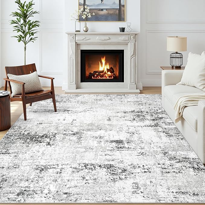 Area Rugs 6x9 Living Room: Large Modern Abstract Washable Rug Soft Anti-Skid Non-Shedding Carpet Indoor Floor Thin Carpets for Bedroom Dining Room Farmhouse Nursery Home Office White Grey Black