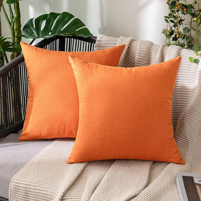 MIULEE Pack of 2 Decorative Outdoor Solid Waterproof Throw Pillow Covers Euro Sham Faux Linen Garden Farmhouse Cushion Cases for Summer Patio Tent Balcony Couch Sofa 22x22 Inch Bright Orange