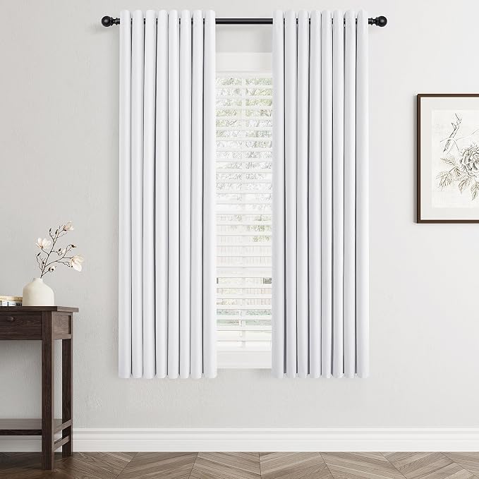 Jowels White Linen Blackout Curtains 63 Length 2 Panels Set for Living Room Bedroom, 100% Black Out Thermal Insulated Linen Drapes, Room Darkening Grommet Curtains 63 Inches Long