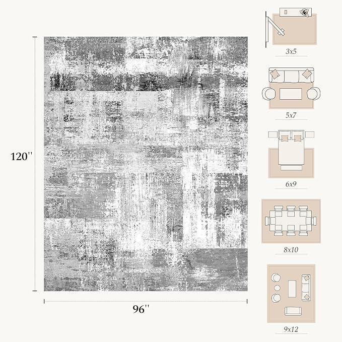 Rugflix 8x10 Large Area Rugs for Living Room, Abstract Washable Rug, Non-Slip, Stain Resistant, Soft Low Pile Carpet, Indoor Grey Rug for Bedroom, Dining Room, Home Office