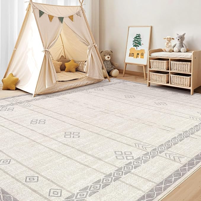 cotiled 6x9 Area Rugs Living Room Rug: Washable Boho Rugs with Non Slip Backing Large Soft Indoor Stain Resistant Carpet for Bedroom Farmhouse Dining Room Lightweight Home Decor Grey Beige