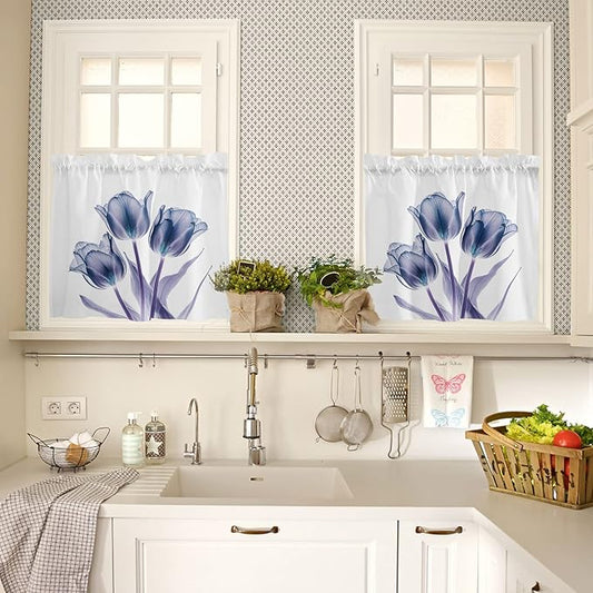 Kitchen Tier Curtains 24 inches Long, Abstract Transparent Flower Tulip Blue Purple Window Curtains for Living Room Bathroom,Rod Pocket Light Filter Drapes Short Half Window Treatment Tiers 2 Panels