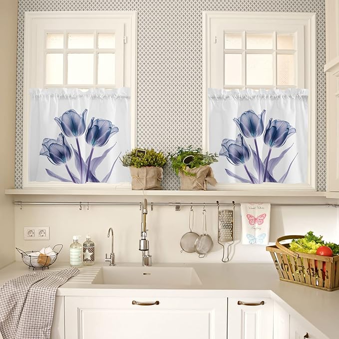 Kitchen Tier Curtains 36 inches Long, Abstract Transparent Flower Tulip Blue Purple Window Curtains for Living Room Bathroom,Rod Pocket Light Filter Drapes Short Half Window Treatment Tiers 2 Panels