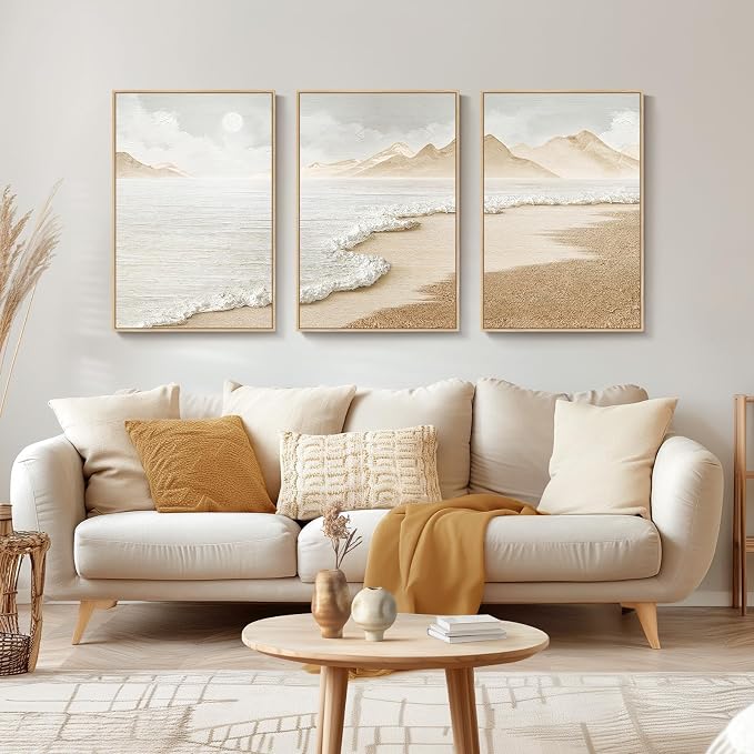 Framed Boho Coastal Beach Wall Art for Living Room, Large Neutral Abstract Coastal Canvas Artwork for Walls, 3 Piece Minimalist Ocean Picture Print for Bedroom Kitchen Wall Decor, Total Size 30x60 In
