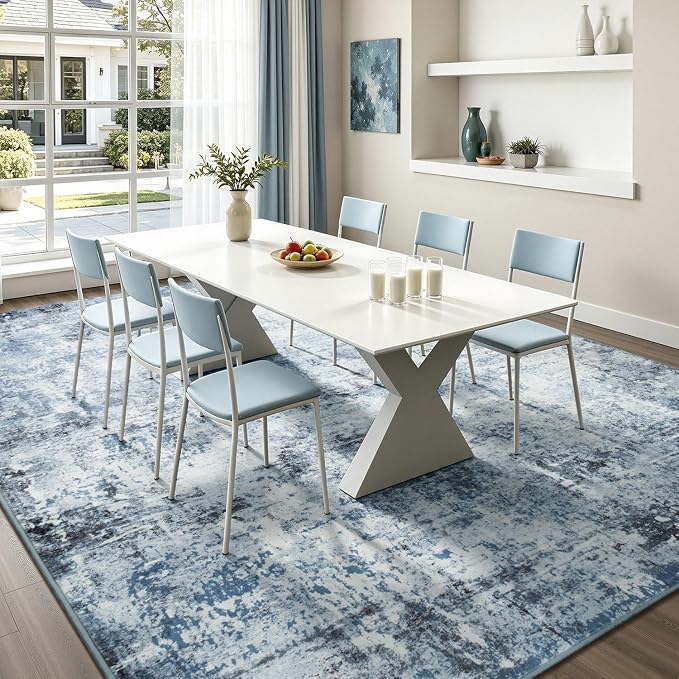 Rugflix 5x7 Area Rugs for Living Room, Washable Large Rug Stain-Resistant Low Pile, Modern Dark Carpet for Dining Room Home Office Kid Room Nursery Bedroom, Blue Grey/Black