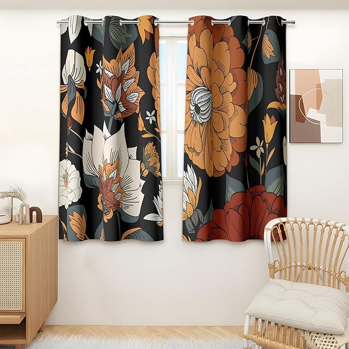 Tyrot Black Boho Floral 100% Blackout Curtains for Bedroom 45 inch Long 2 Panels Mid Century Botanical Black Out Curtains for Living Room Grommet Thermal Insulated Room Darkening Window Drapes,42Wx45L