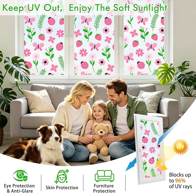SOMWISE Frosted Glass Window Privacy Film with Tools, Heat Blocking, Anti-UV, Anti-Glare, Static Cling, Decor for Home Bathroom Door, Renter Friendly, Removable, Reusable, Pink 23.5Inchx78.5Inch