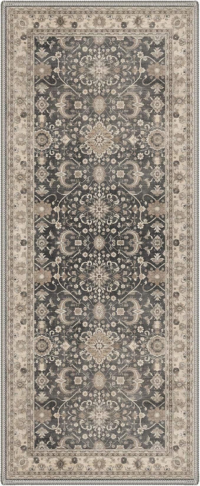 Bavni 2x5 Rug Runners for Hallways, Washable Runner Rug Non Slip, Vintage Floral Oriental Floral Rugs for Bedroom, Lightweight Low Pile Carpet for Hallways Bathroom, Dusty Taupe