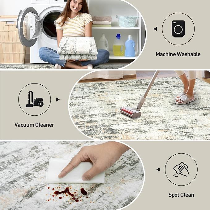 8x10 Area Rugs Washable Rug: Modern Abstract Living Room Rug Soft Anti-Skid Thin Carpet Indoor Floor Non-Shedding Carpets for Bedroom Dining Room Farmhouse Nursery Home Office Grey Brown