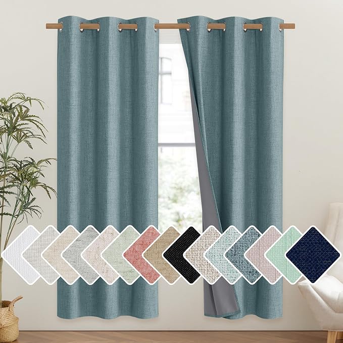 NICETOWN 100% Absolutely Blackout Linen Curtains with Thermal Insulated Liner, Skylark Blue, 42" Wide, 72" Length Energy Saving Curtains for Classroom 2 Panels Set, Vertical Blinds