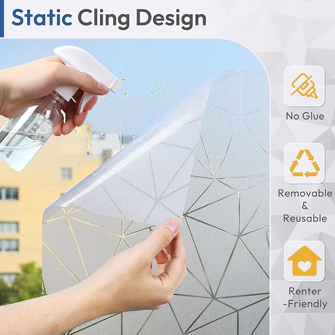 rabbitgoo Window Privacy Film with Decorative Triangle Pattern, Non-Adhesive Frosted Glass Window Film for Bathroom, UV Blocking Vinyl Sticker for Glass Door Covering, 23.6 x 78.7 Inches