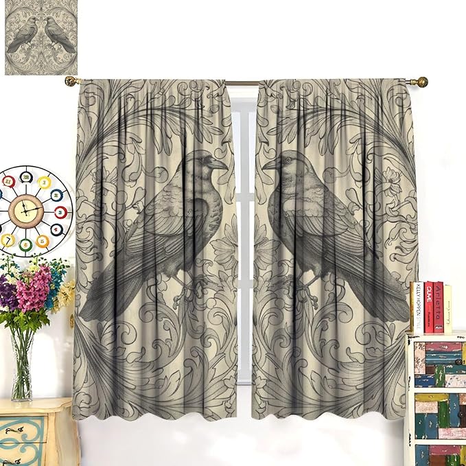 William Morris Blackout Curtains, Vintage Bird Crow Boho Rustic Flower Print Window Drapes, for Bedroom Living Room 55" W X 63" L