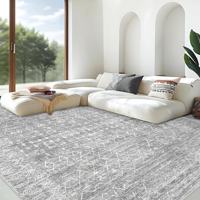 Area Rug Living Room Rugs 5x7 - Large Soft Boho Geometric Rugs, Non-Slip Foldable Washable Area Rug Non Shedding Morden Indoor Floor Carpet for Living Bedroom Office Dining Room (Moroccan Grey, 5'x7')