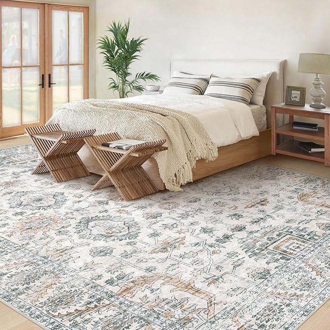 XLUEZ Area Rug 10x12 Living Room Rugs, Machine Washable Vintage Distressed Boho Area Rug Non-Slip Soft Low Pile Large Indoor Rugs for Bedroom Kitchen Dining Room Office(Brown Green,10'x12')