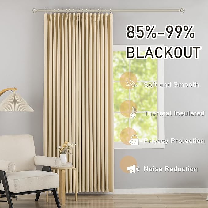 DONREN Beige Pinch Pleated Blackout Curtains with Hooks - 108 inch Length Room Darkening Thermal Insulated Window Curtain Panels for Living Room Bedroom 2 Panel 40" Wx108 L
