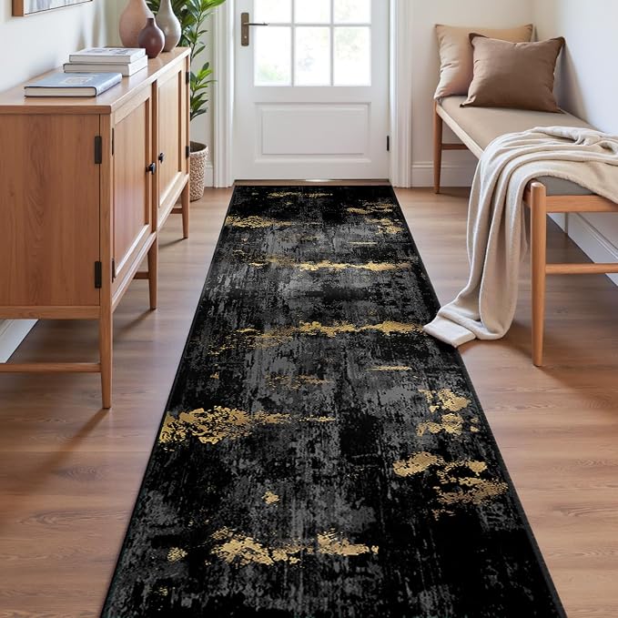 RELEANY Washable Area Rugs 2'x6' Non-Slip Modern Abstract Soft for Living Room Entryway Bedroom Kitchen, Print Pattern, Dark Black Gold