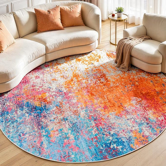 Rugflix Round Area Rugs 8Ft for Living Room, Washable Circle Rug Stain-Resistant Low Pile, Modern Dark Carpet for Bedroom Dining Room Home Office Kid Nursery Room, Rainbow