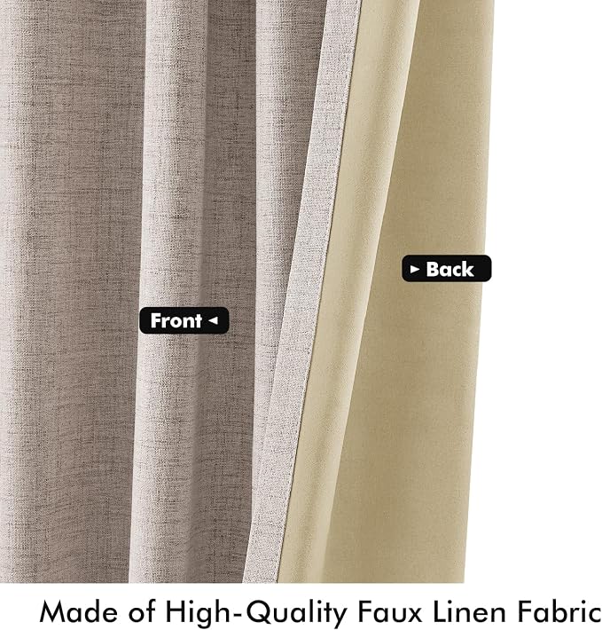 MIULEE 100% Blackout Linen Curtains for Bedroom, Khaki Solid Luxury Decor Thermal Insulation Room Darkening Drapes for Living Room Back Tab Rod Pocket 42 x 90 Inches, 2 Panels