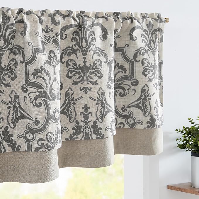 jinchan Linen Valance Curtain for Kitchen Vintage Damask Floral Blackout Valance Double Layer Gray Small Window Curtain for Living Room Bedroom Bathroom 18 Inch Rod Pocket 1 Panel Grey on Beige
