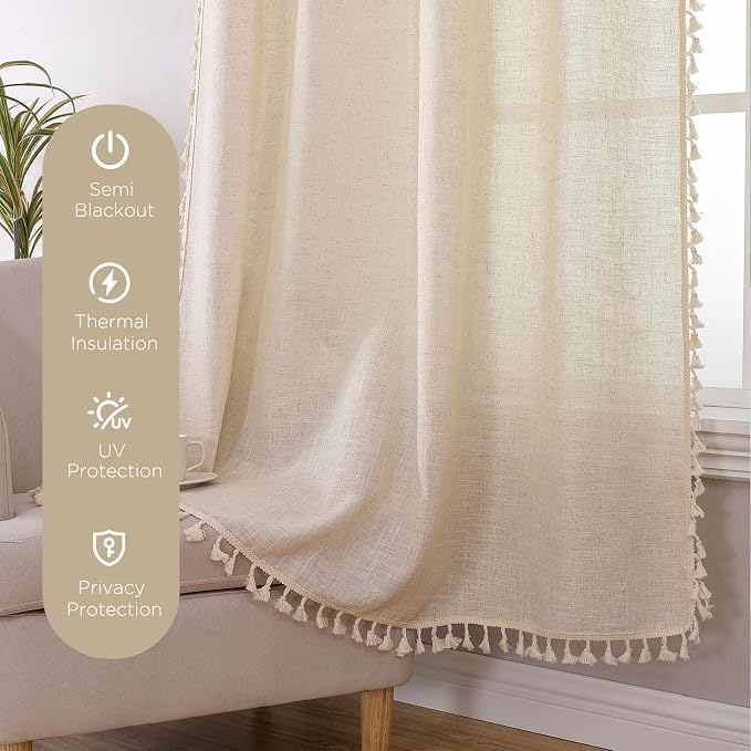Joydeco Linen Boho Curtains 96 Inches Long 2 Panels, Super Soft Bohemian Farmhouse Curtains with Tassels, Semi Sheer Light Filtering Drapes for Bedroom Living Room (Rod Pocket, 52Wx96L)