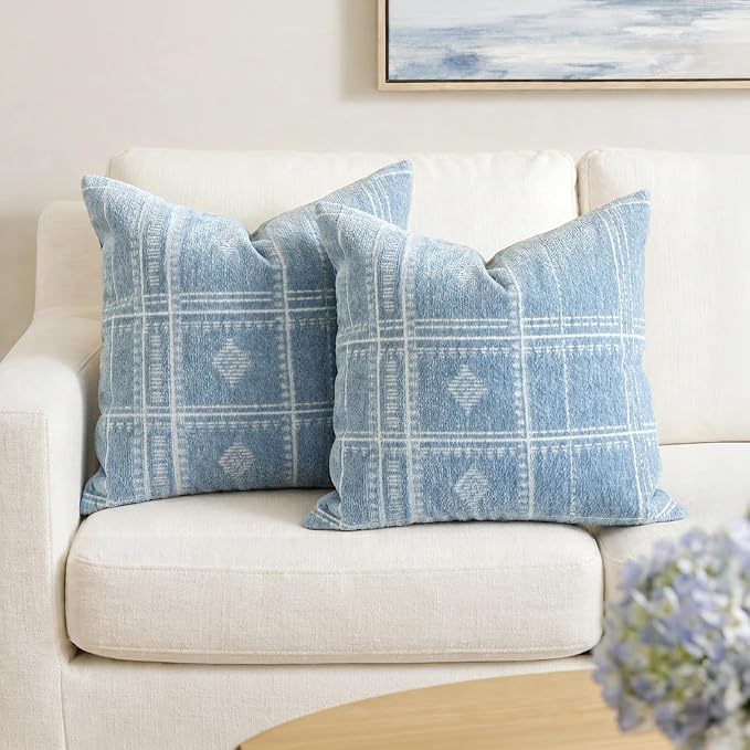 BlissBlush Decorative Throw Pillow Covers 20x20 Set of 2, Coastal Blue Textured Chenille Accent Throw Pillow Covers for Couch Sofa Bed Living Room Home Décor, Blue (Cover Only)