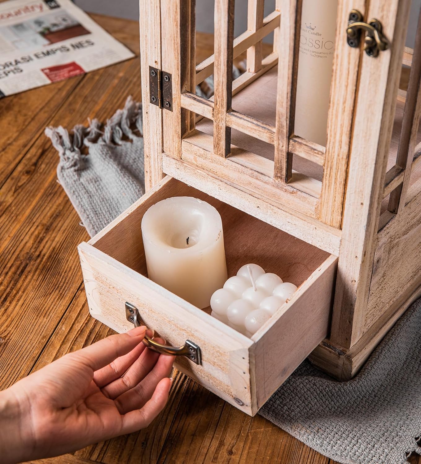 TIMRIS Large Rustic Wooden Metal Decorative Lantern Set of 2, Modern Farmhouse Floor Candle Lanterns with Drawer, Indoor/Outdoor Hanging Lanterns for Home Decor (No Glass)