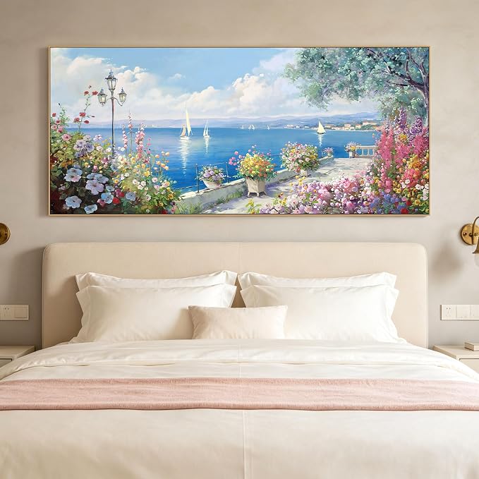 Oversized French Coastal Flower Sailboat Canvas Wall Art Framed Pastel | Mediterranean Seaside Landscape Painting Large Wide Wall Decor For Spacious Living Room Master Bedroom Open Dining Room 86x39
