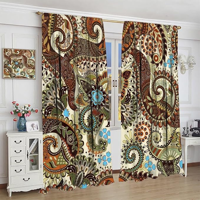 Boho Curtains, Abstract Pelis Boho Brown Vintage Floral Ethnic Tribal Blossom Print, Blackout Curtains for Bedroom Living Room42X54 Inch