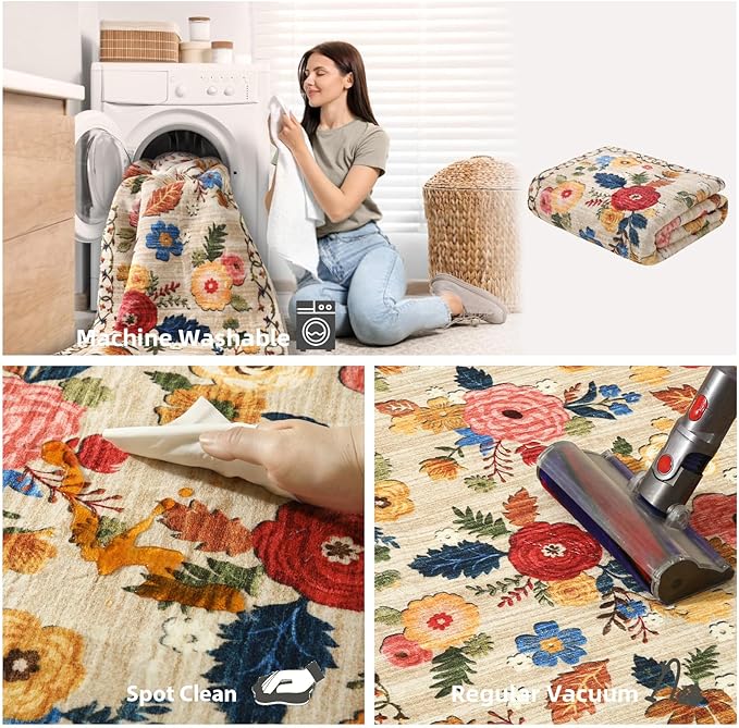 10x14 Area Rugs for Living Room: Large Washable Rug Lightweight Non Slip Low Pile Soft Faux Wool Non Shedding Distressed Vintage Floral Carpet Rugs for Bedroom Dining Room Nursery Farmhouse