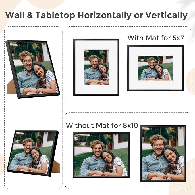 FLYJOE 8x10 Picture Frame - Metal Frame With Mat 5x7 | 8 x 10 Aluminum Photo Frame | Plexiglass And Hanging Hardware Included | Black 8x10 Picture Frame | Black