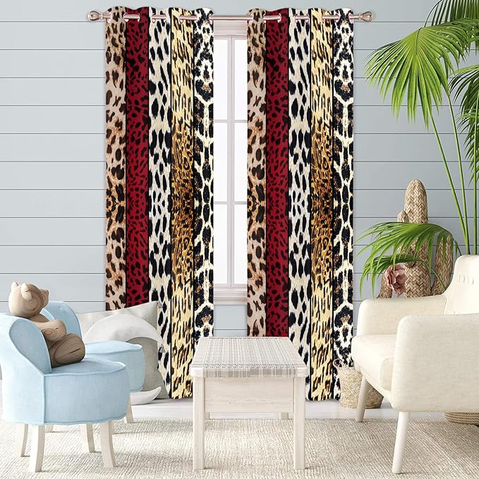 Wild Animal Print Curtain, Room Darkening Thermal Insulated Blackout Leopard Boa Window Drapes with Grommets for Living, Dining, Bedroom, Red Leopard Print, 52"x 90", 2 Panels